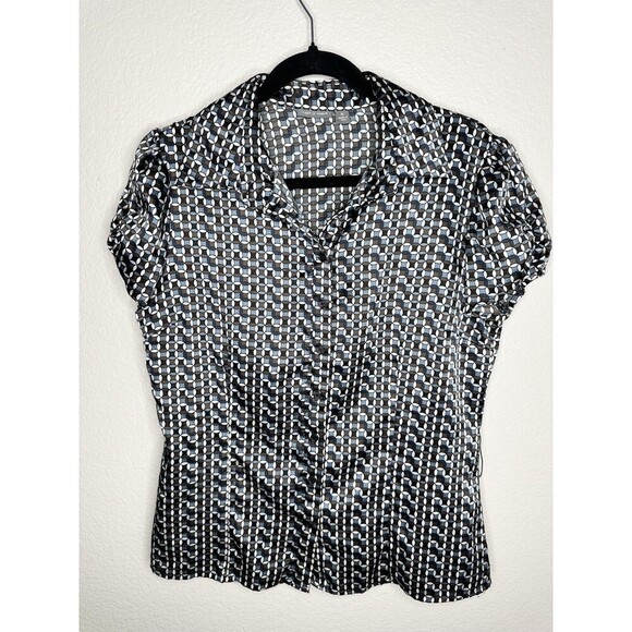 Apt. 9 Shirt Womens Medium Blue Geometric Button Down Stretch Short Sleeve Work - Picture 1 of 4